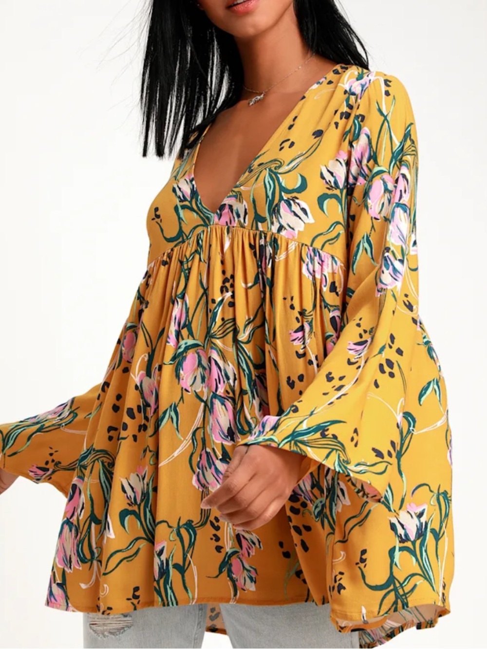 Free People Golden Yellow Floral Tunic
